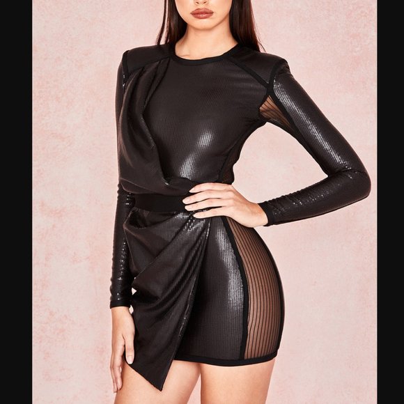 HOUSE OF CB Viktoria black matte sequin draped mini bodycon dress - Picture 2 of 16